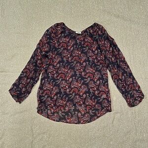 Garnet Hill navy and red paisley blouse, size M